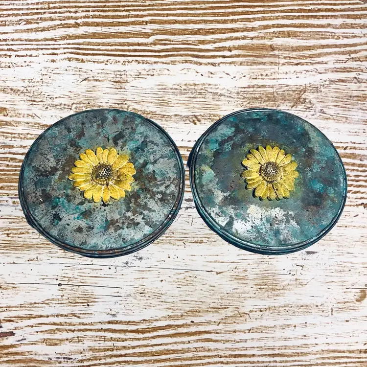Upcycled Hand Painted Patina Rusty Crusty Metal & Clay Sunflower Farmhouse Country Wall Hangings Rustic Primitive Made By Me Drnksuzy OOAK Original