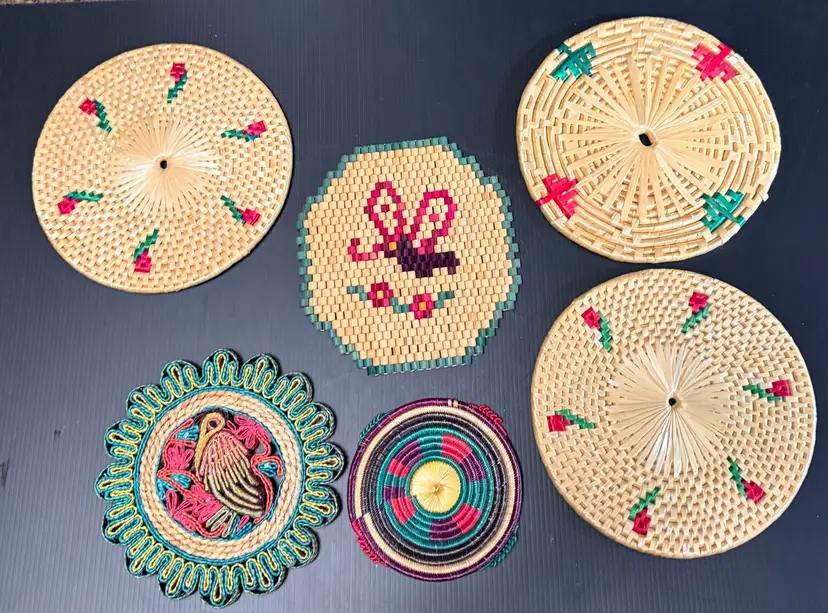 Vintage Wicker, Rattan, Beaded Trivets, Lot Of 6 Green, Beige, Pink, 1970’s