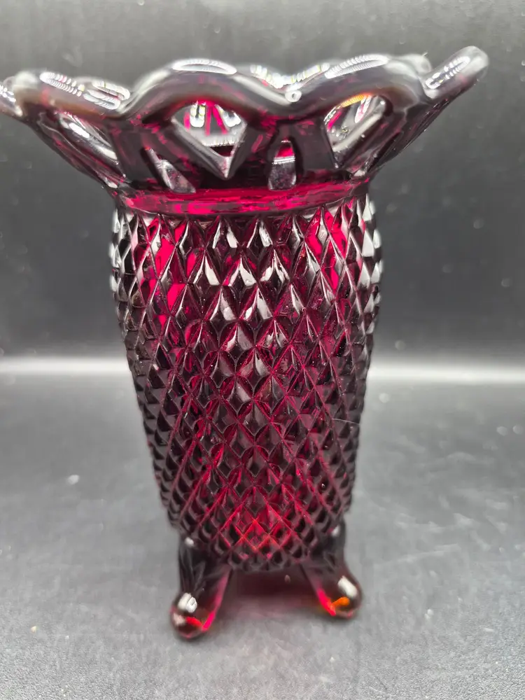 Vintage Imperial Ruby Red Diamond-Cut Glass Vase Scalloped Rim Four PedestalGlow