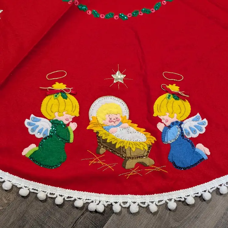Vintage Completed Bucilla Jeweled Christmas Angels Tree Skirt Nativity 48775 54"