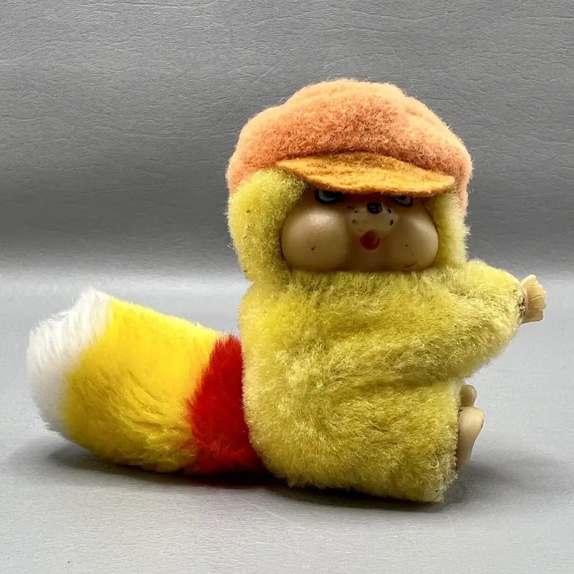 Vintage Monchichi Yellow Raccoon Clip On Rattle Tail Toy