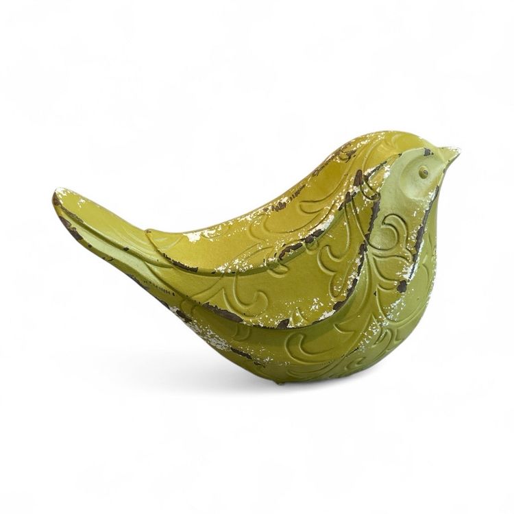 Pea Green Chippy Rustic Sitting Bird Resin Figurine