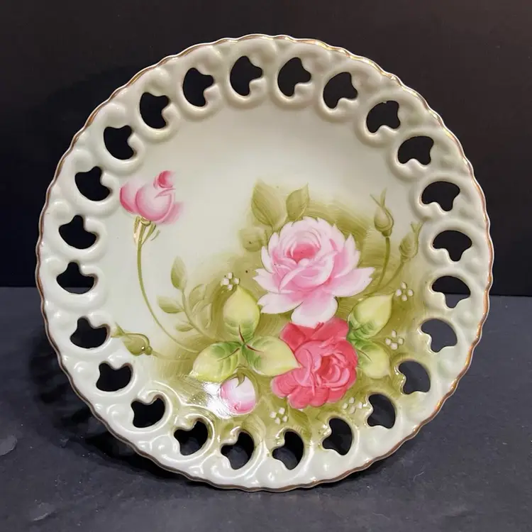 Lefton China Vintage Hand Painted Roses Reticulated Compote Pedestal Dish, Japan ~4.25” x 7.25” diameter