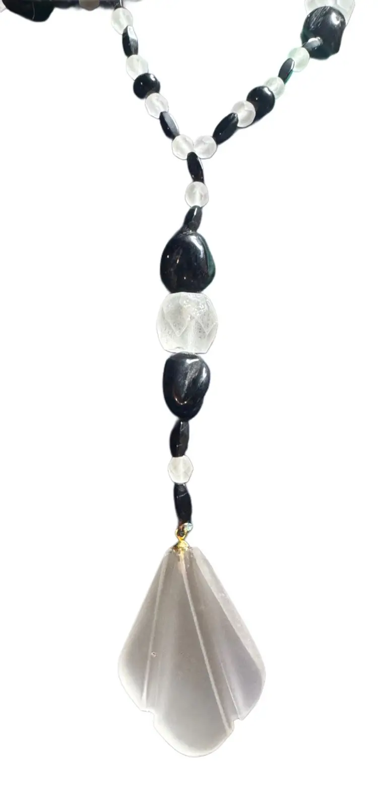 Vintage 1920s Long Flappwr Necklace, Art Deco Frosted Glass Stone