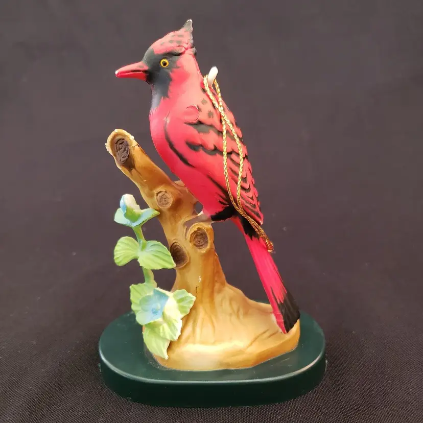 Cardinal on Branch Ornament Plastic Bird Figurine on Oval Stand or Hang Vintage