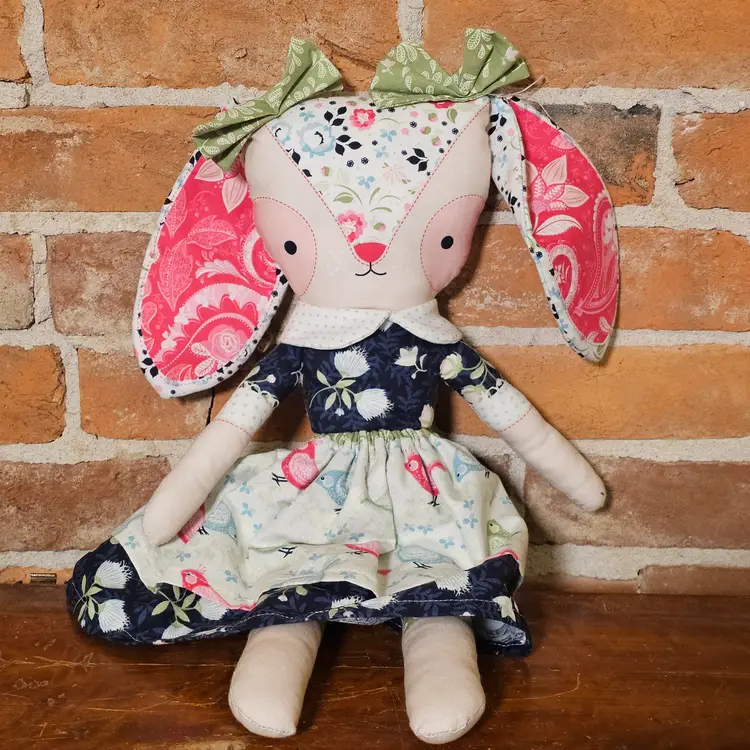 Handmade Vintage Fabric Bunny Doll Floral Dress Pink Green Nursery Decor Heirloom Plush Toy
