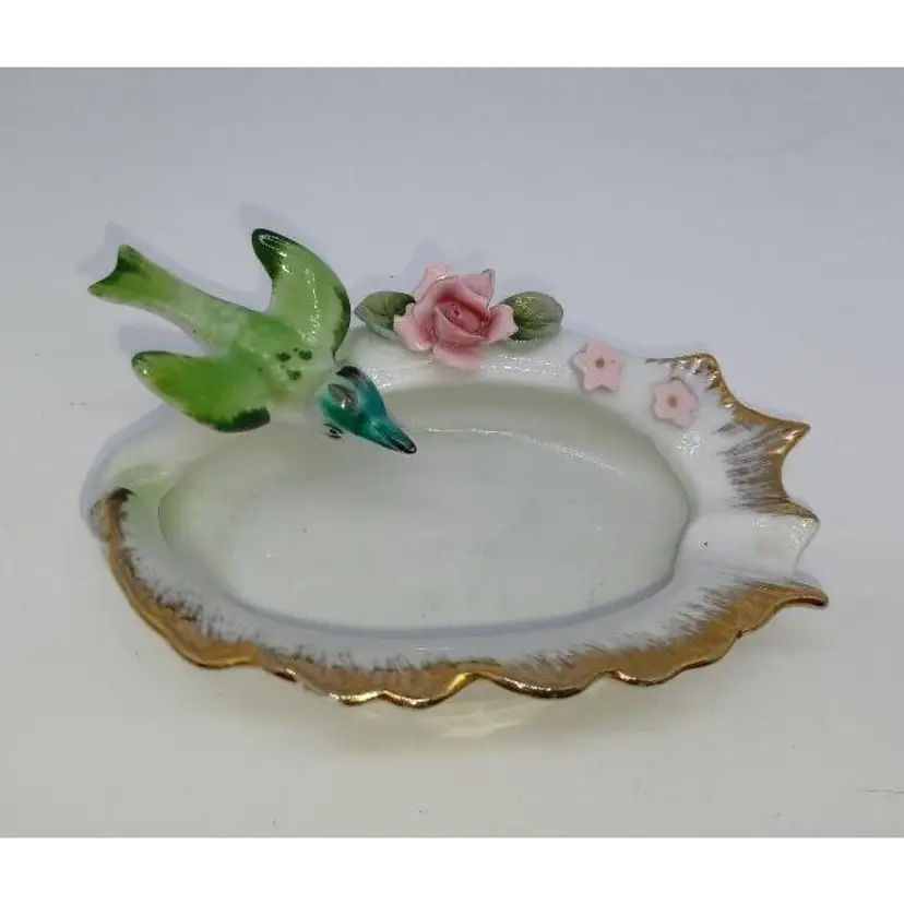 Vintage Bird applied flowers gold highlights ashtray trinket dish Japan