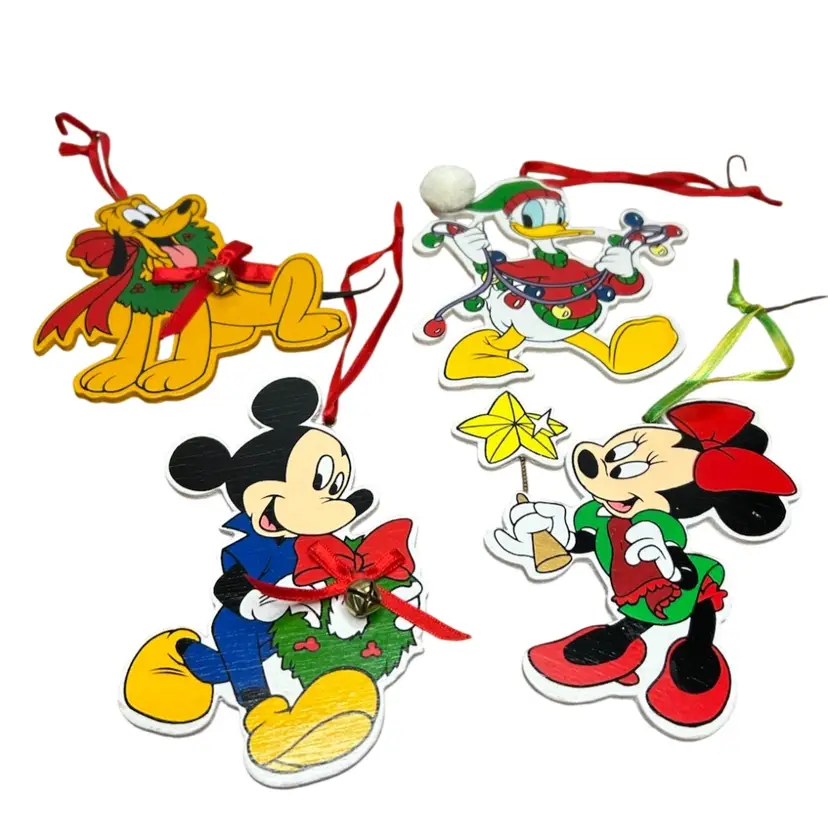 Vintage Kurt Adler Midwest Of Cannon Falls Set Of 4 Disney Wooden Ornaments Mickey, Minnie, Donald and Pluto @5” Tall