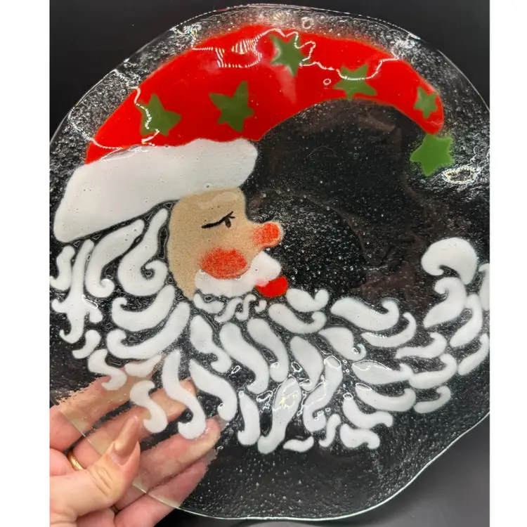 Crescent Moon Santa Signed Fused Art Glass Platter 10.5”