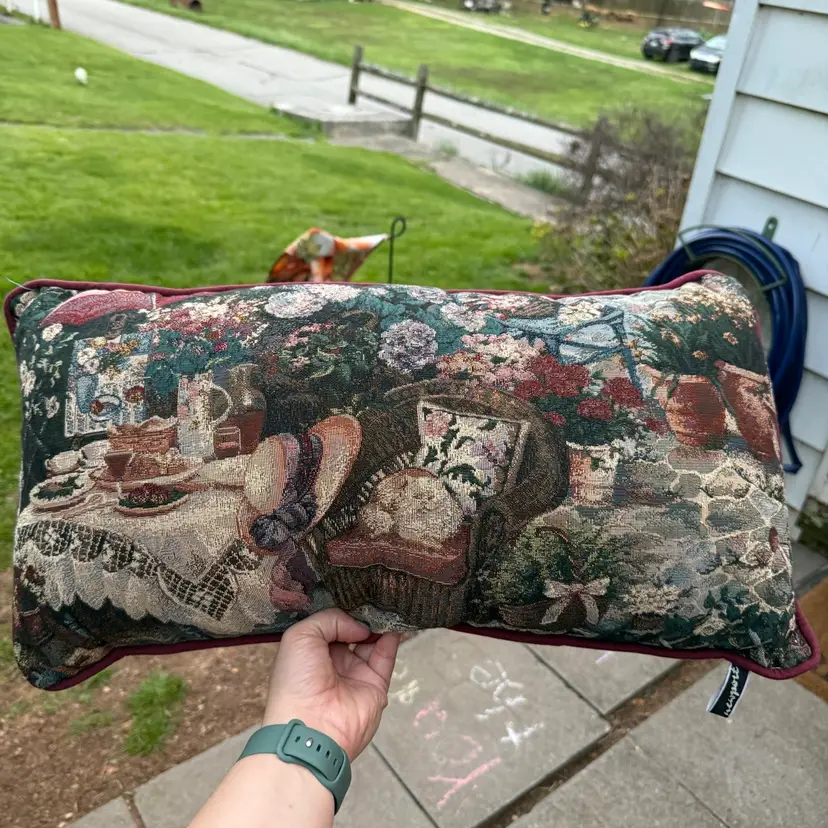 Vintage Newport Cat Victorian Garden Scene Tapestry Throw Pillow 24x13