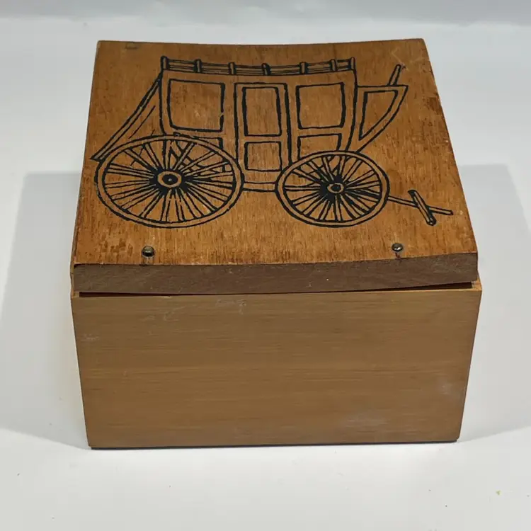 Wagon Wheel Vintage 6 Wood Coaster Set with Wagon Design Storage Box x4x4x3.75”- George Imports, CA, Made on Taiwan