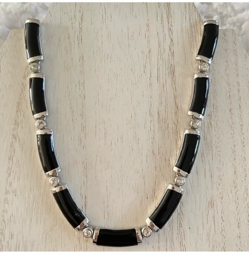Black enamel CZ panel link necklace 17”