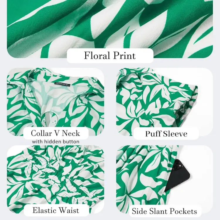 0654 NWT FENSACE Midi Summer / Vaca Floral Dress Small Collared V Neck Puff Short Sleeve