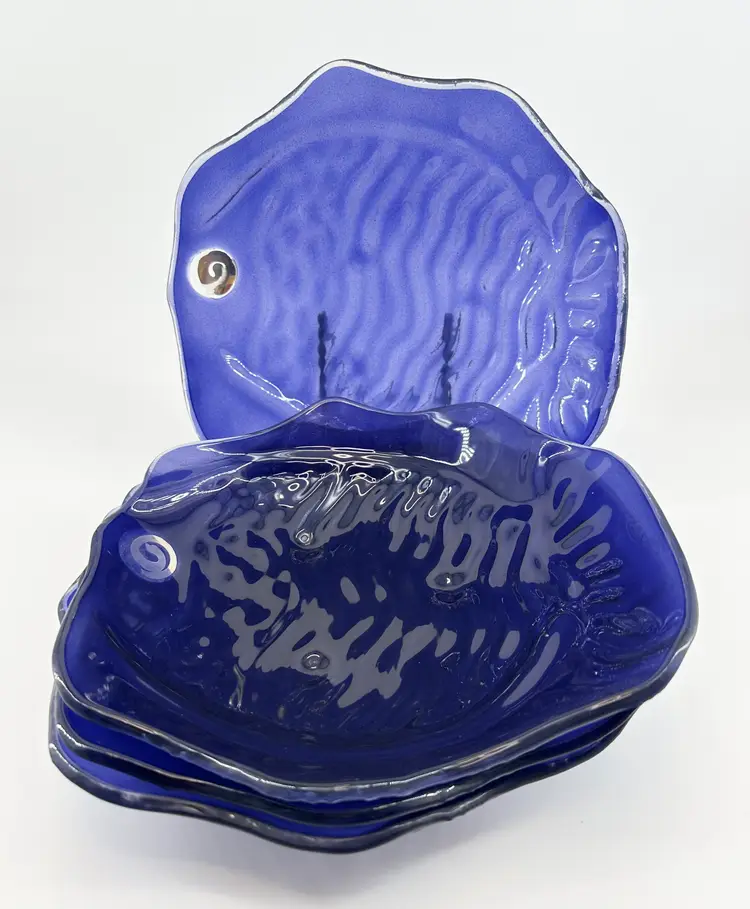 Set Of 4 Anniegass Blue Art Glass  Silver Swirl Fish Plates  8.5" 1997 Signed