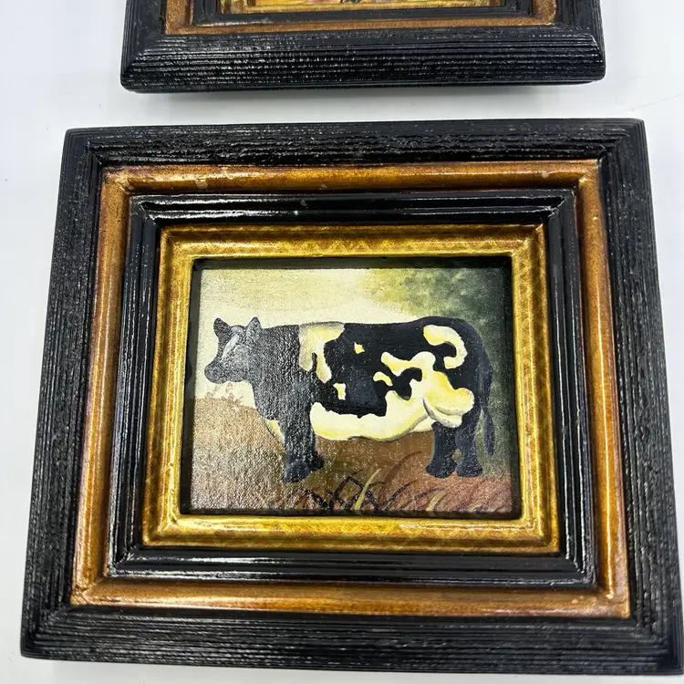 Miniature Framed Art Rooster & Cow