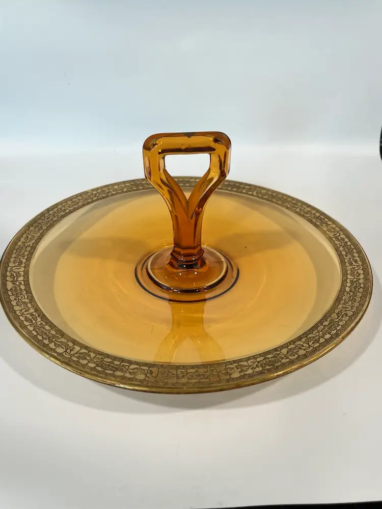 Cambridge- Florentine Amber Depression Glass - Tidbit/ Jewelry Tray – Gold Encrusted Floral Border – Art Deco Center Handle – 10.5″ x 4″
