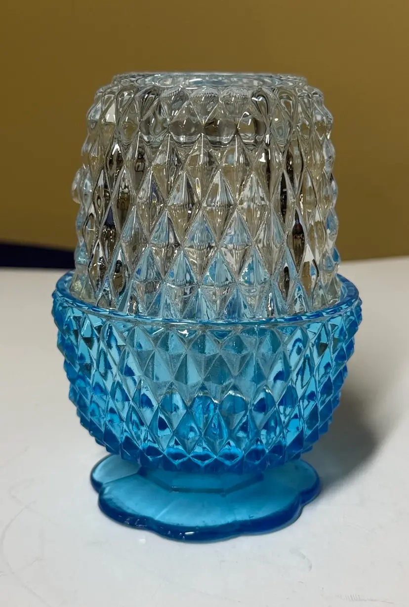 Indiana Glass Diamond Point Blue bottom Clear top Fairy Lamp 5 1/4” tall