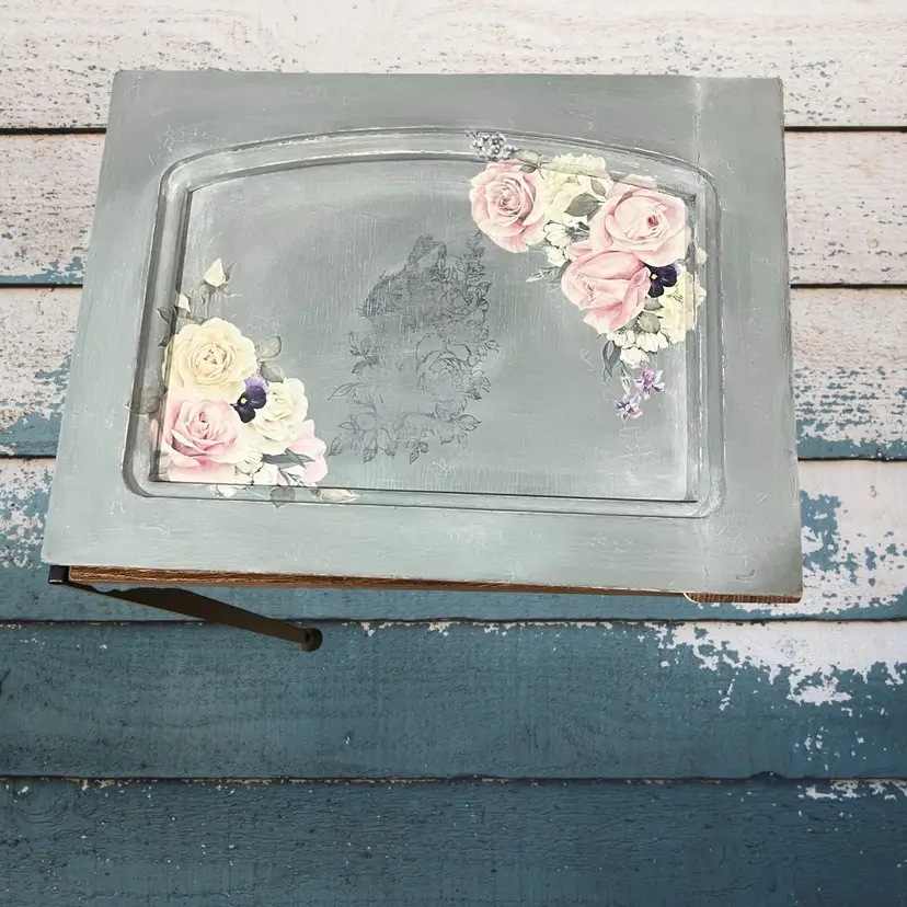 Made By Me Upcycled Hand Painted Old Cabinet Door Wall Hanging Boho Floral Spring Gray Blue Garden Bunny Rabbit Decor Easter