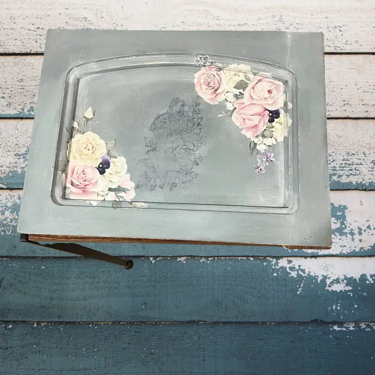 Made By Me Upcycled Hand Painted Old Cabinet Door Wall Hanging Boho Floral Spring Gray Blue Garden Bunny Rabbit Decor Easter