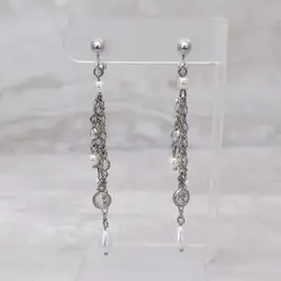 Vintage Clip On Earrings Silver Tone, Clear Gem, Faux Pearl 3" Very Long Dangle