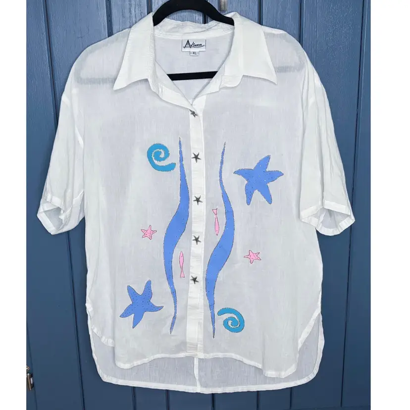 Artwave Starfish Tropical Shirt Sz XL Womens Art To Wear Coastal Beach Lagenlook Vacation Nautical Hand Painted