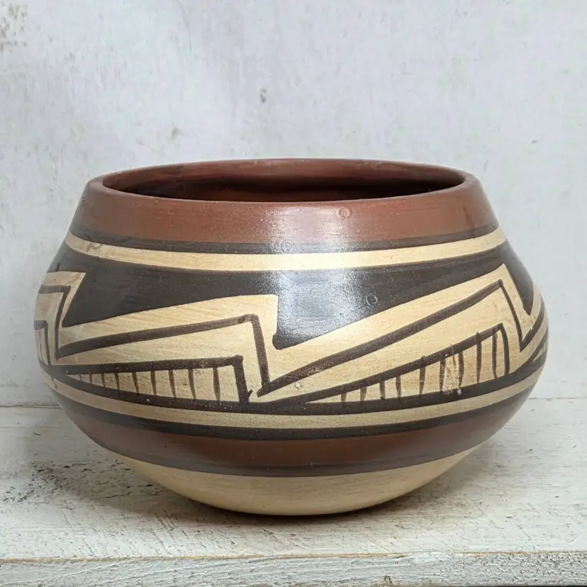 Vintage Southwestern Style Pottery Bowl, Hand Painted Geometric Design