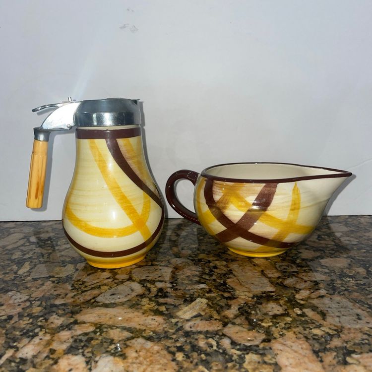 Vernon Kilns Vernonware Organdie Syrup Dispenser pitcher & Gravy Boat Bowl Vtg