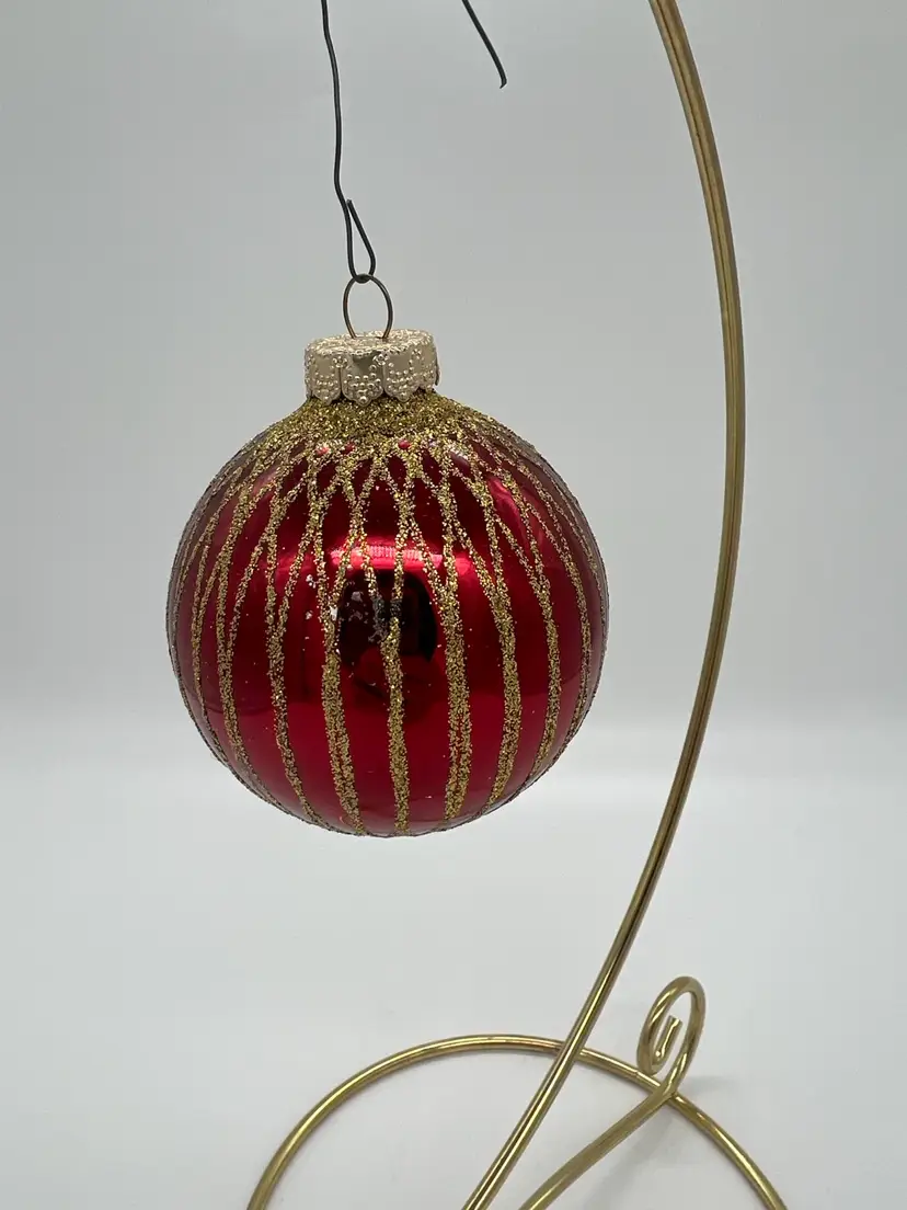 7 Rauch Red Gold Glitter Ornaments Christmas Ball Victoria Glass 2.5 inch