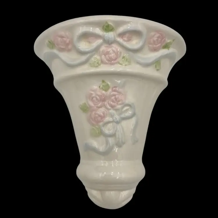 2 - Vintage Ceramic Wall Pocket Vases, Pink Roses Blue Ribbons, 5.5" x 5.6", Cottage