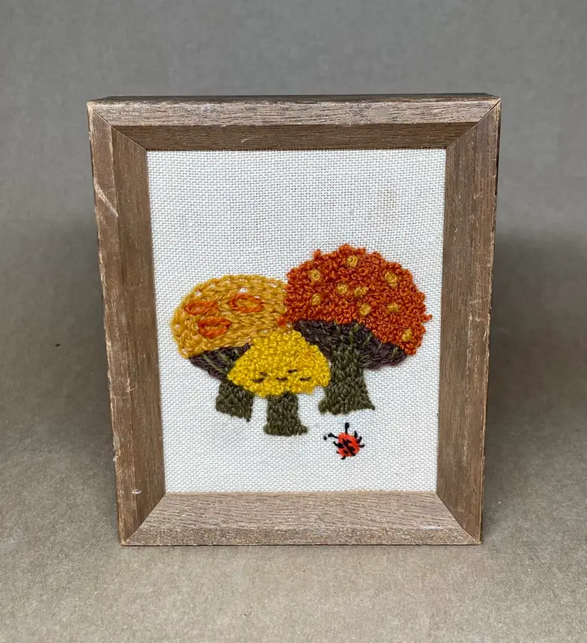 Hand-Embroidered Fiber Textile Wall Art Mushroom Lady Bug VINTAGE