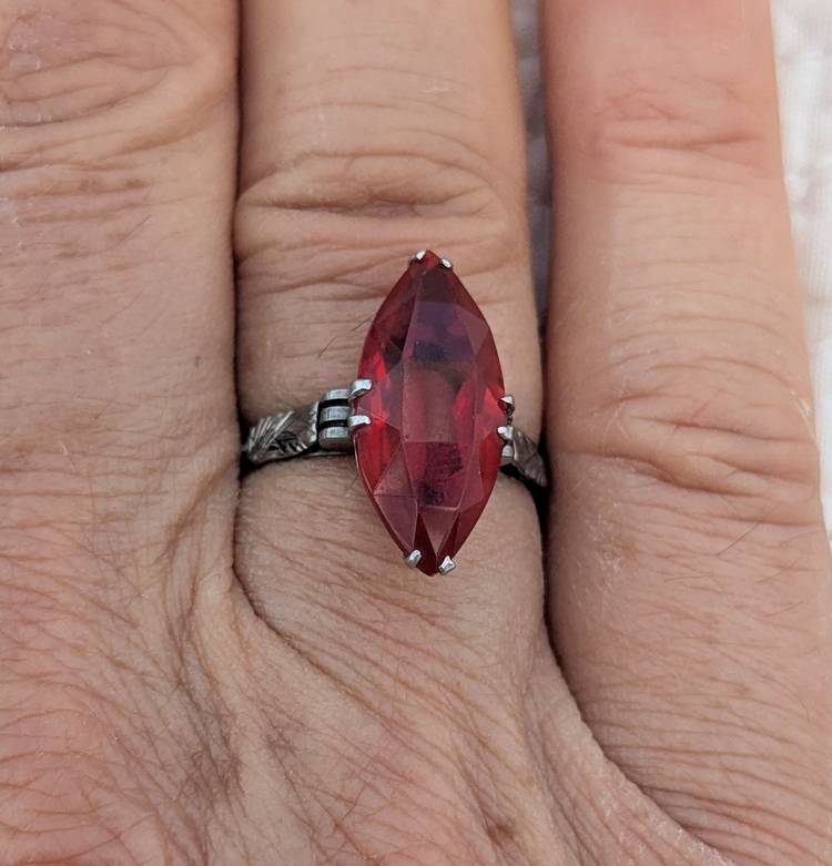 Vintage Sterling Silver Ring with Large Crimson Red Marquis Cut Stone, Size 7