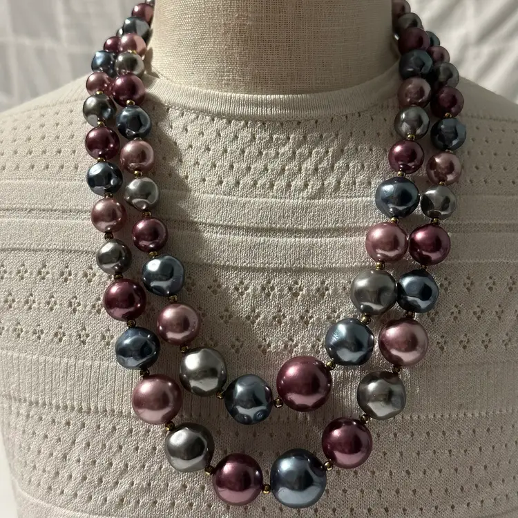 Vintage Double Strand Shades Teal Purple Gold Beaded Necklace