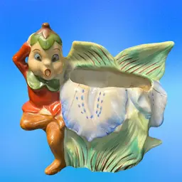 Vintage Royal Sealy ceramic wall pocket with a pixie and flower. 1950-60s. Christmas Gift Idea