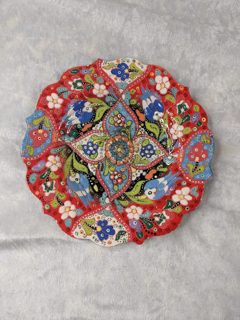 Handmade Hand painted Turkish Ottoman Ceramic 8 inch Red Flowers Plate Hanging Wall Decor Boho Bohemian