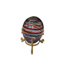 Glass Orb Egg Blue Red Swirl With Brass Tone Stand