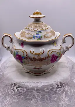 Vintage Schumann Bavaria Lidded Sugar Bowl: Gold Roses Porcelain, 7"