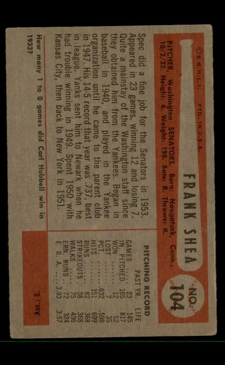 1954 Bowman #104 Frank Shea - (pk-tl3) - Washington Senators