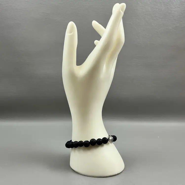 Textured Black Beaded Stretch Bracelet Silver Tone Buddha Head 3" Good Luck