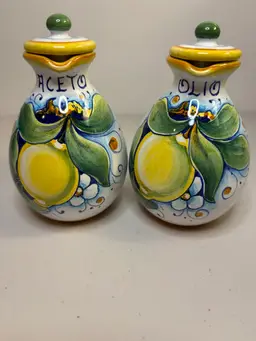 Vintage Hand Painted Italian Pottery Olio Aceto Cruet Lemons Floral Motif