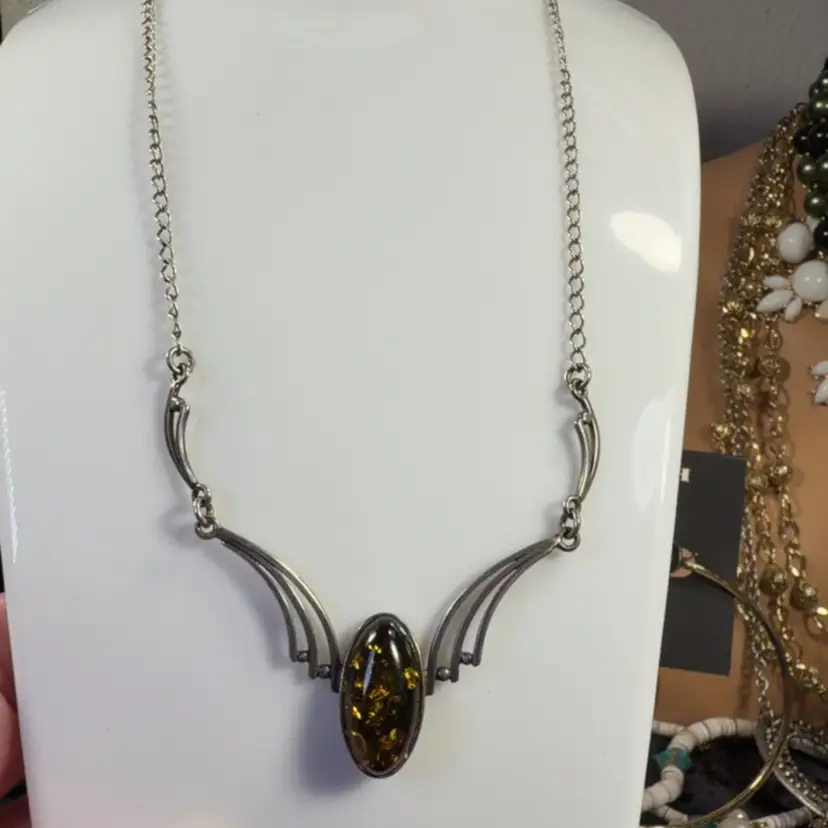 Amber Necklace Dark Honey Sterling Silver 12”