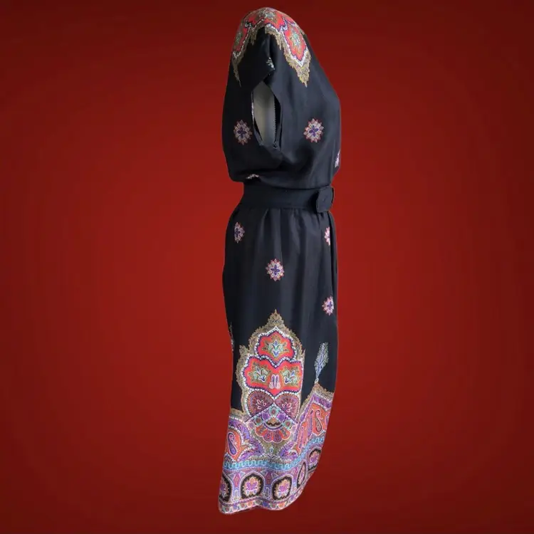 70s Liz Claiborne Black Bright Pavlovo Paisley Print Vintage Belted Dress SZ 10