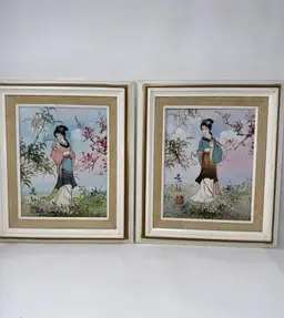 2 Oil Painting Chinese Women Pink Garden Framed Signed Mau Ling 14.5” X 12 1/4