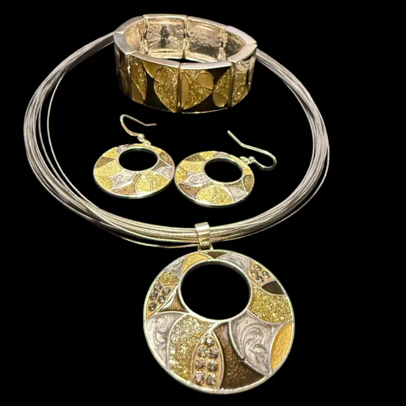 Y2K Mixed Metal Jewelry Set, Gold Silver Bronze Mosaic Enamel Pendant Necklace, Chunky Stretch Bracelet & Drop Earrings