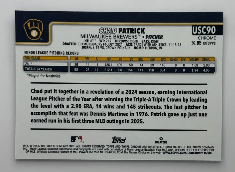 Chad Patrick Topps Chrome Blue Refractor Brewers RC #005/150