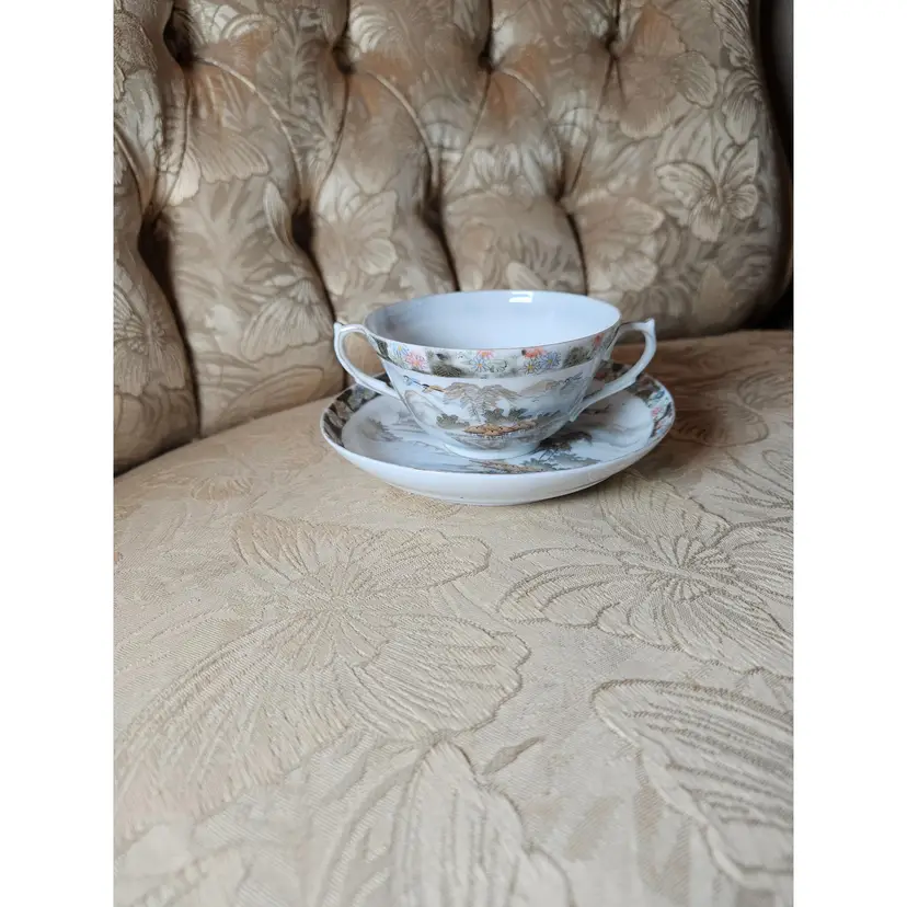 Asian Handpainted Double Handle Teacup And Saucer Set