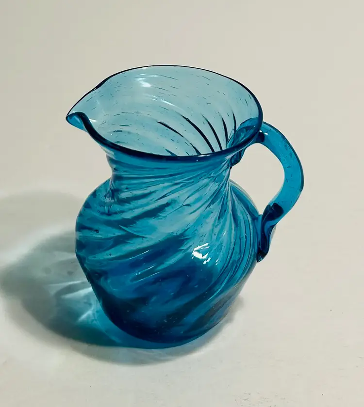 Vintage Hand Blown Creamer Mini Pitcher Vase Art Glass Blue Swirl 3”