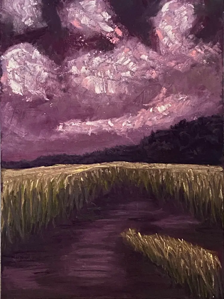 "Purple Skies" 7.125 x 9.5  /	6 x 8.5 	Medium:  Pastel, Original Art Signed by Letitia Collins
