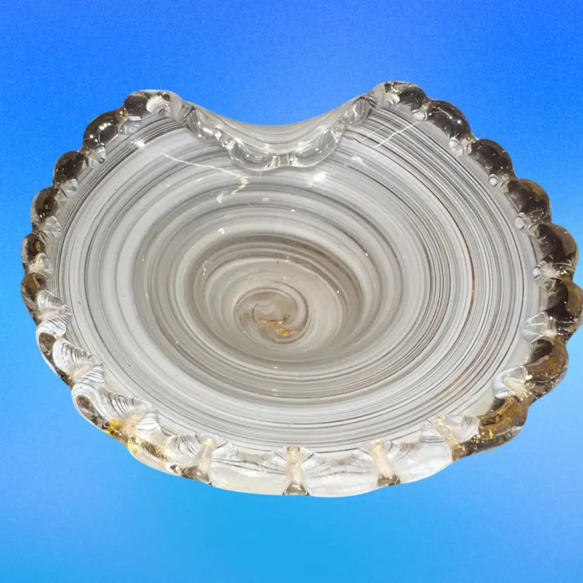 Vintage Art Glass White Swirl Gold Flecks Ruffled Edge Hand Blown Flower Petal Bottom