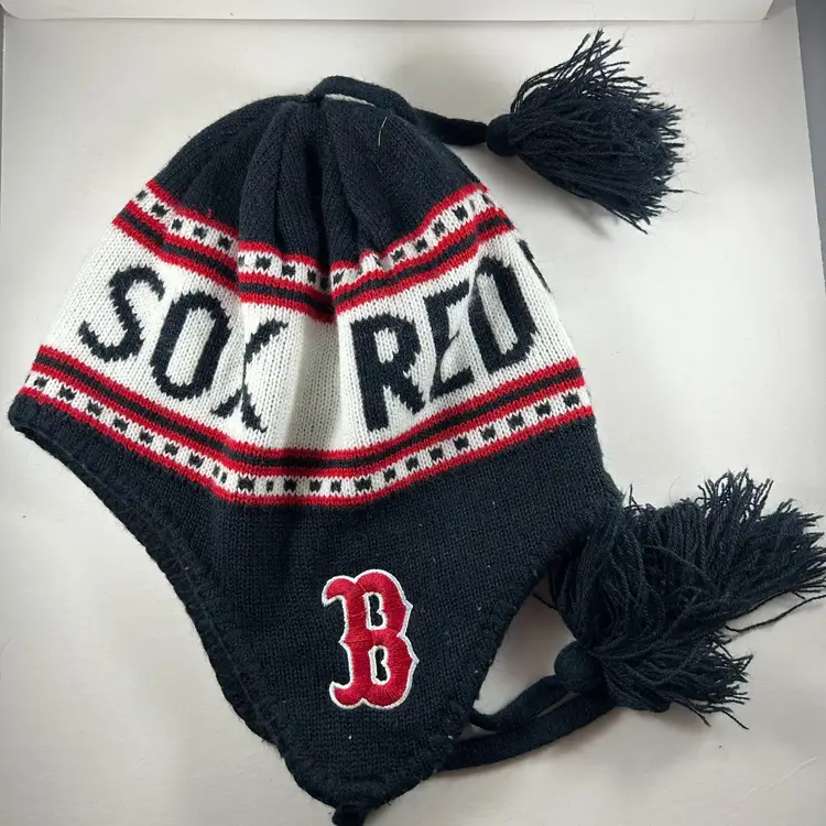 Fan Favorite Boston Red Sox Winter Knit Hat Ear Flaps & Poms Beanie