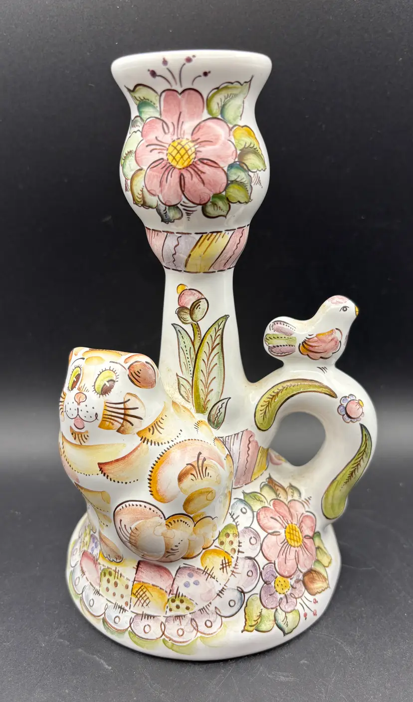 Handpainted Russian Folk Art Candlestick Holder, Cat and Bird motif, Redware, Majolica, vintage